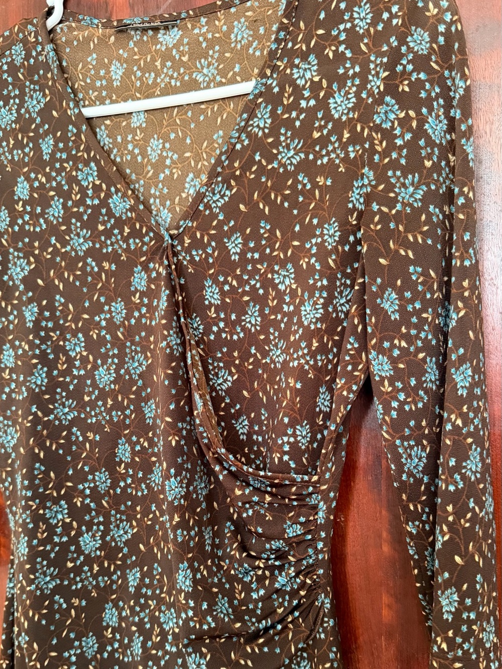 Brown Floral Long-Sleeve Wrap Dress with Blue Accents